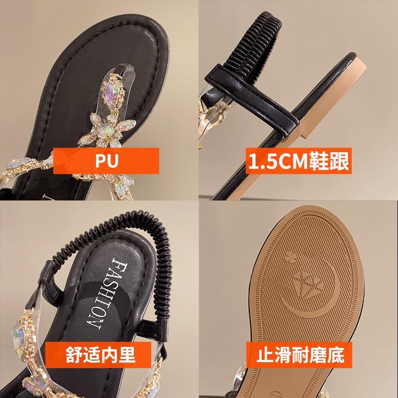 Strass-Sandalen mit flachem Boden Damen Sommer neue Zehen große Größe Strandsandalen