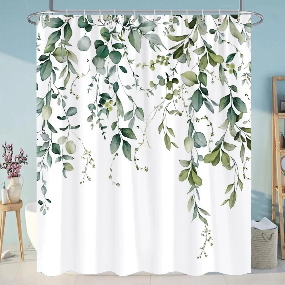 Beautiful Plant Flower Shower Curtain Eucalyptus Leaf Cherry Blossom Scenery Cat Butterfly Polyester Bath Curtain Bathroom Decor