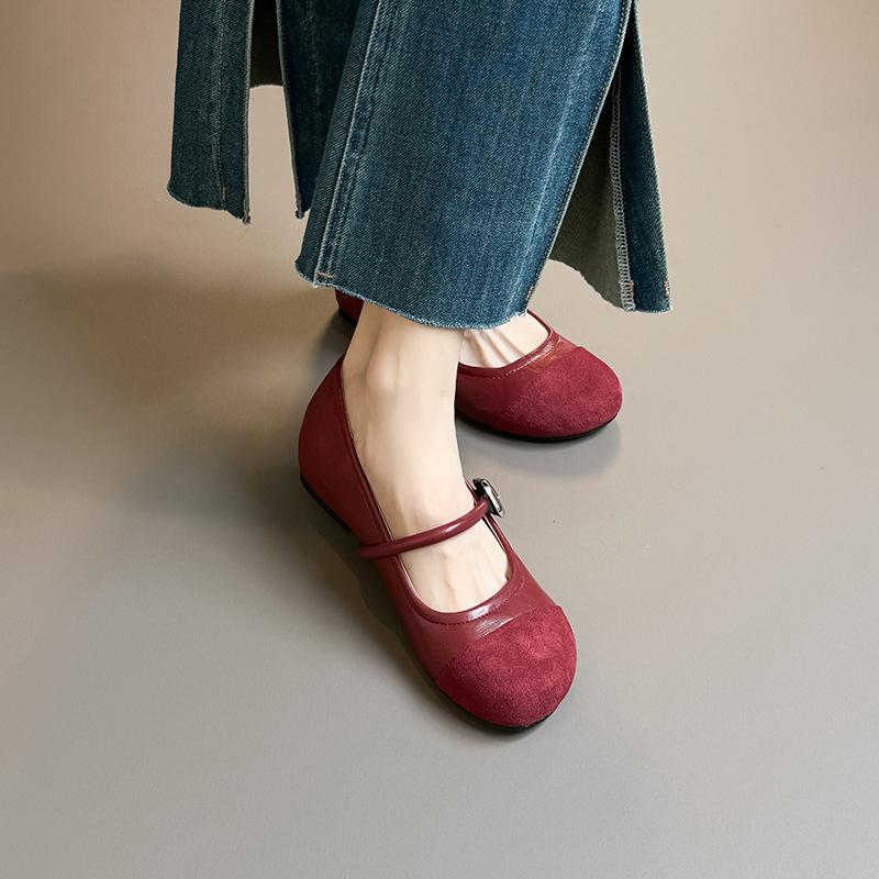 

Версия из овчины~ внутренняя высота увеличивается на 5 см, цветная отделка, туфли Мэри Джейн с круглым носком, туфли-лодочки с ремешком, маленькие кожаные туфли, ретро, корейская версия, одинарные 40 красный