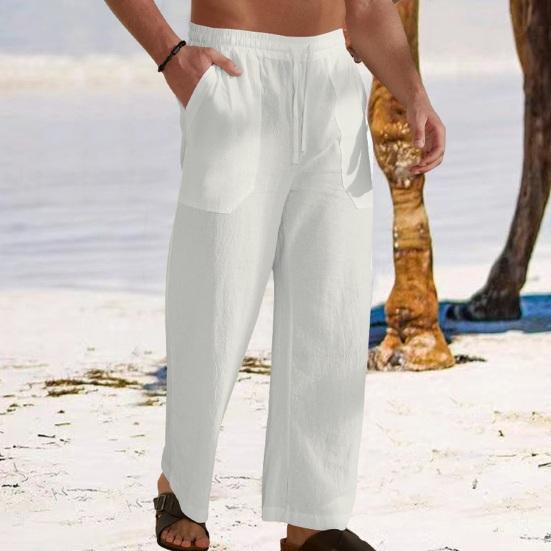 Men Pants Drawstring Elastic Waist Straight Leg Loose Solid Color Pockets Sweat Absorption Daily Wear Casual