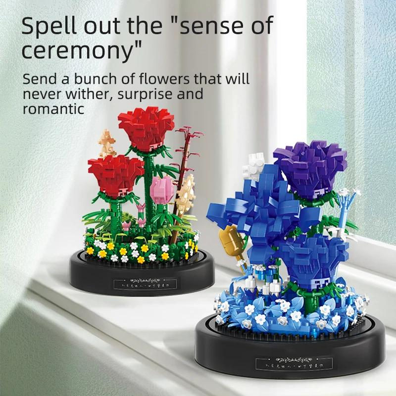Mini Stadt Rose Sonnenblumen Töpfe Bouquet Baustein Ewige Blume Heimdekoration DIY Modell Steine Kinderspielzeug Geburtstagsgeschenk