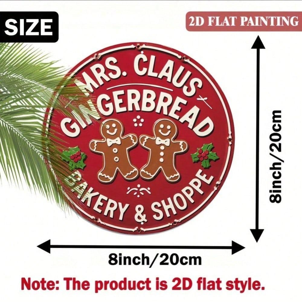 Vintage Mrs. Claus Gingerbread Bakery Shop Sign 8x8 Inch Round Aluminum Metal Wall Art Christmas Decor