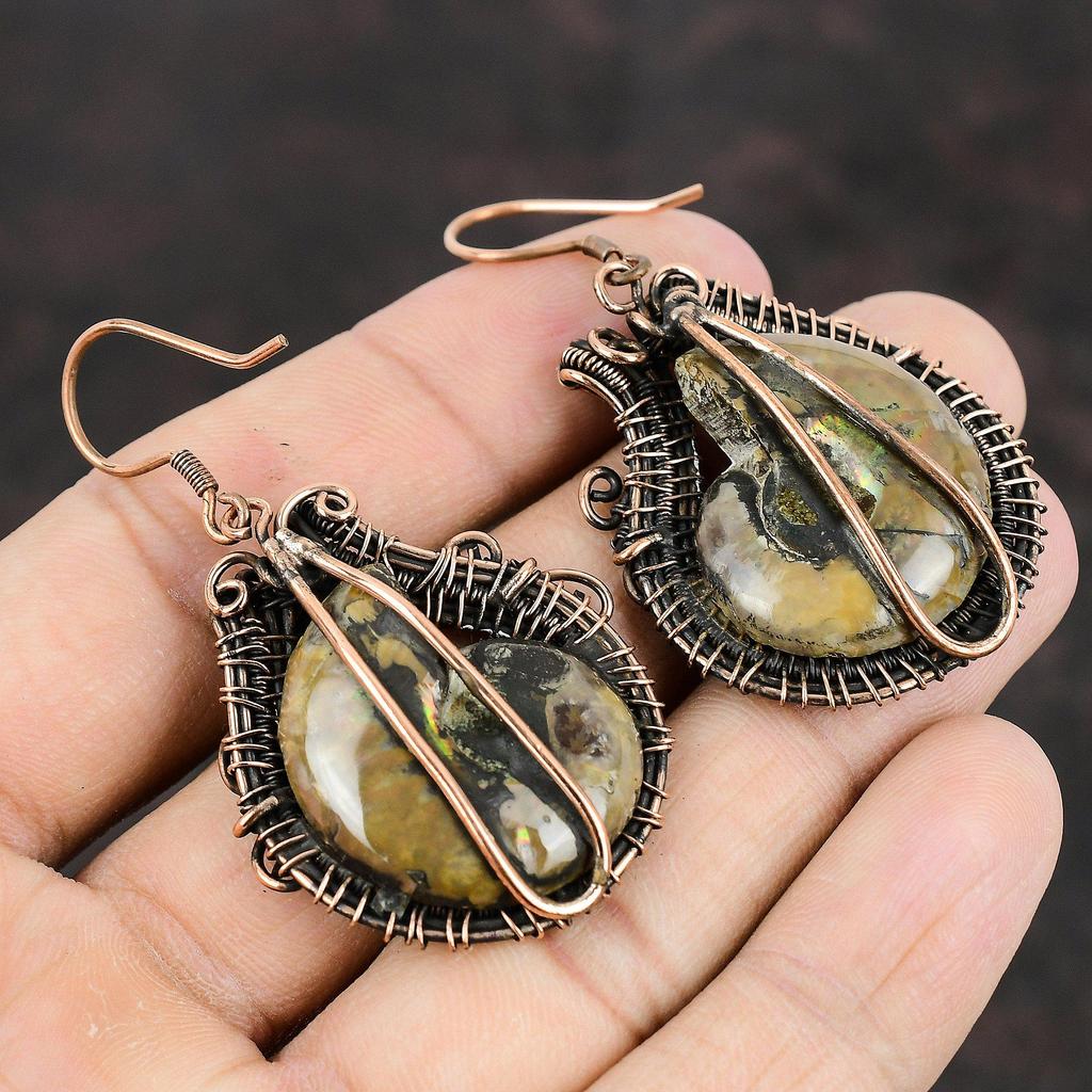 Ammonite Fossil Copper Earring Copper Wire Wrapped Earring Gemstone Copper Jewelry Handmade Earring Gift For Mom Ammonite Fossil Jewelry