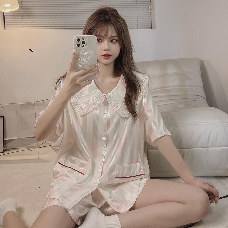 

Wind Sweet Пижама Женская Летняя Легкая Кукольный Воротник С Коротким Рукавом Шорты Домашняя Одежда Костюм из Ледяного Шелка M