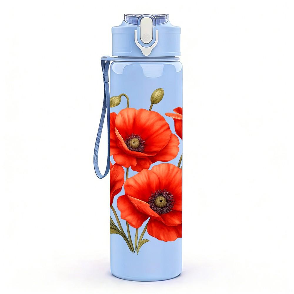 1PC Red Poppy Floral Bouquet Art 750ml Color Plastic Sports Water Bottle Leakproof Flip Straw Lid Suitable for Sports Office Home Use