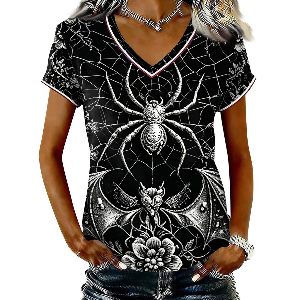 Women's Casual V Neck Short Sleeve T-Shirt Halloween Print Pullover Top