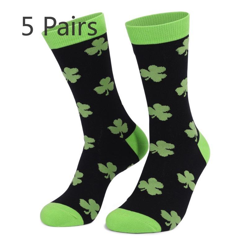 

5 пар мужских повседневных зеленых жаккардовых носков средней длины из хлопка в полоску с клевером 5 Pairs чёрный/зелёный