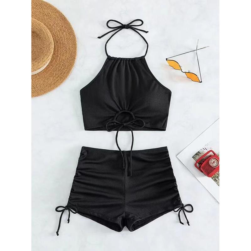 Sexy Bikini Shorts 2 Piece Set Women Laced Up Split Swimsuit Beach Bikini 2025 New Summer Swimwear Bikinis Set