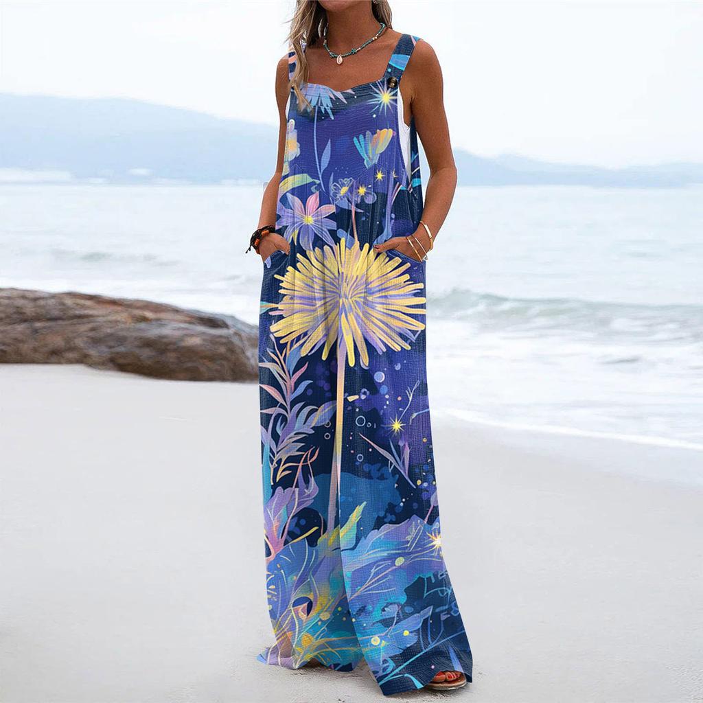 Wide Leg Overalls For Women Casual Loose Sleeveless Print Button Long Pant Romper Jumpsuit With Pockets