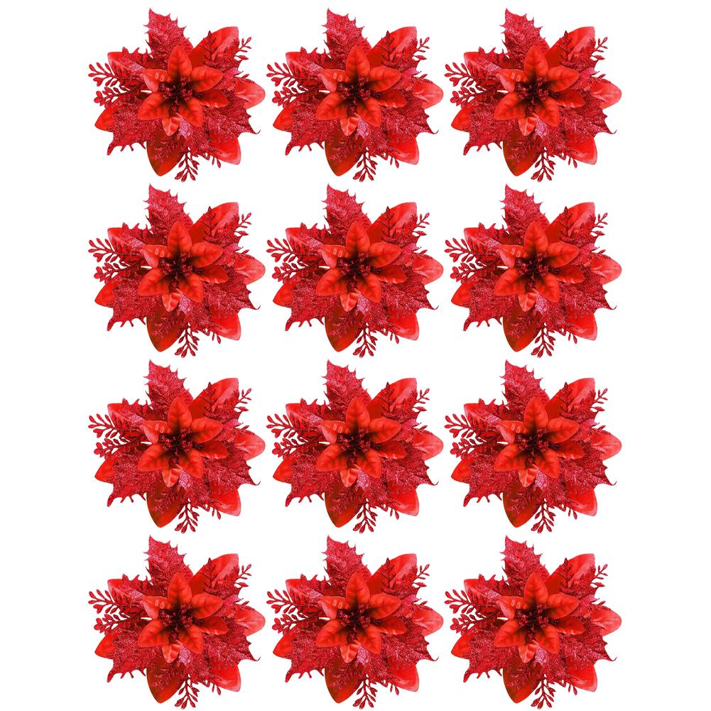 12Pcs Christmas Poinsettia Artificial Poinsettia Multi-Function Christmas Tree Flowers Ornaments for Holiday Party Festival