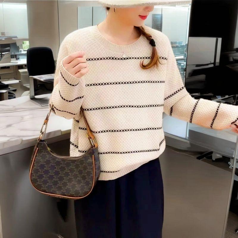 2024 Damen Neue Frühling und Herbst Splicing Pullover O-Ausschnitt Gestreift Ausgehöhlt Mode Locker Lässig Langarm Stricktop