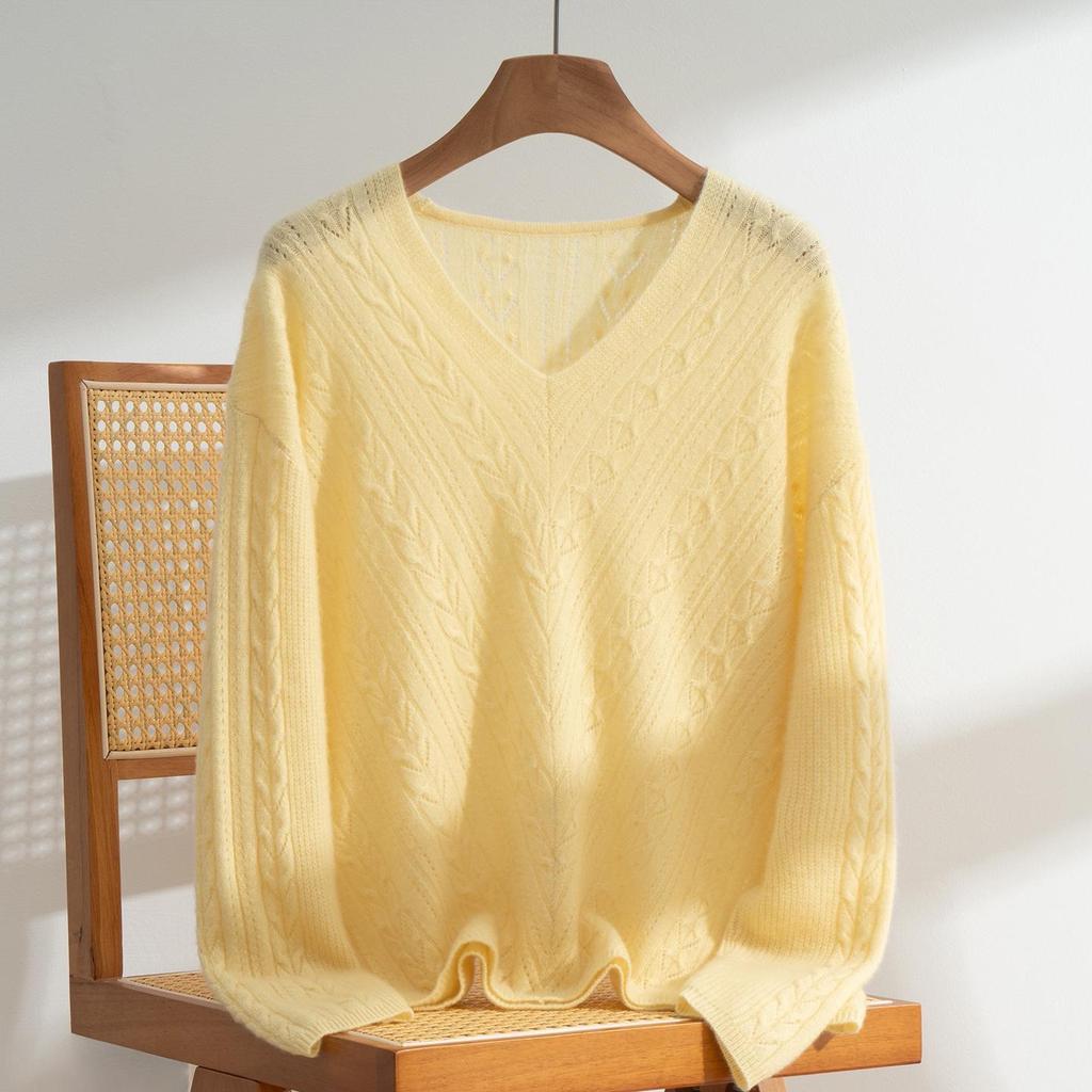 Early Autumn Retro V-neck Hollow Pure Cashmere Women's Pullover - Korean Soft Casual Knit Long Sleeve Sweater