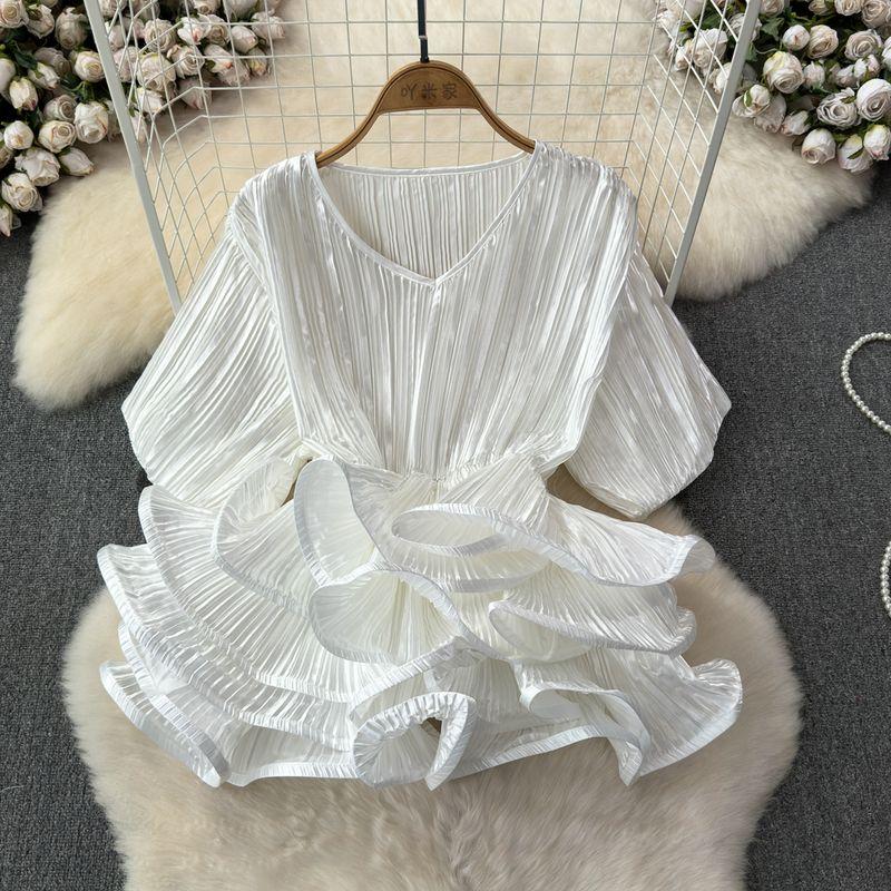 

2024 Spring & Fall Fashion Lantern Long Sleeve V Neck Loose Belly-Covering Waist Ruffle Hem Pullover Shirt Female Western Style Top White All yards