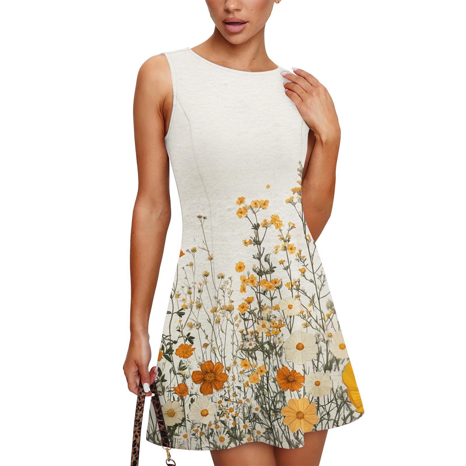 Women s Summer Dress Casual Sleeveless Round Neck Floral Print Vest Sundress L