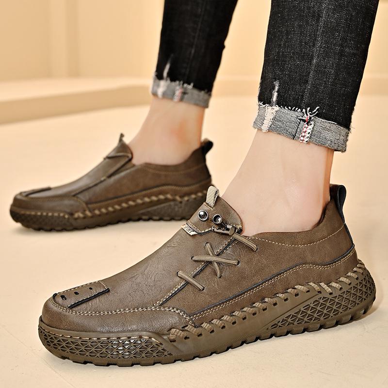 Men's Large Size Leather Slip-on Loafers - Spring & Autumn Fashion, Handmade, Thick-Soled, Casual Stitched Design