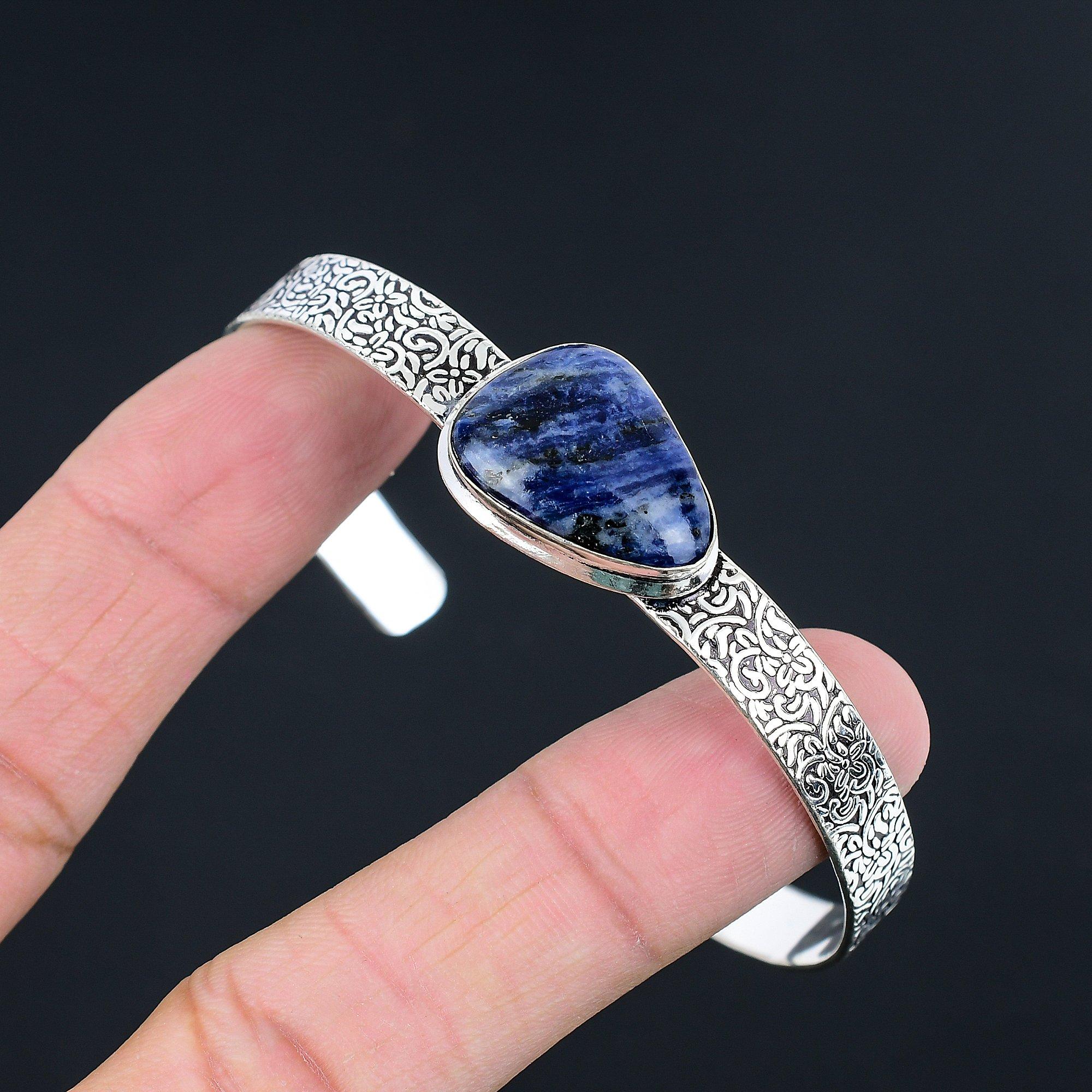 

Natural Sodalite Gemstone Bangle Adjustable 925 Sterling Silver For Women Adjustable