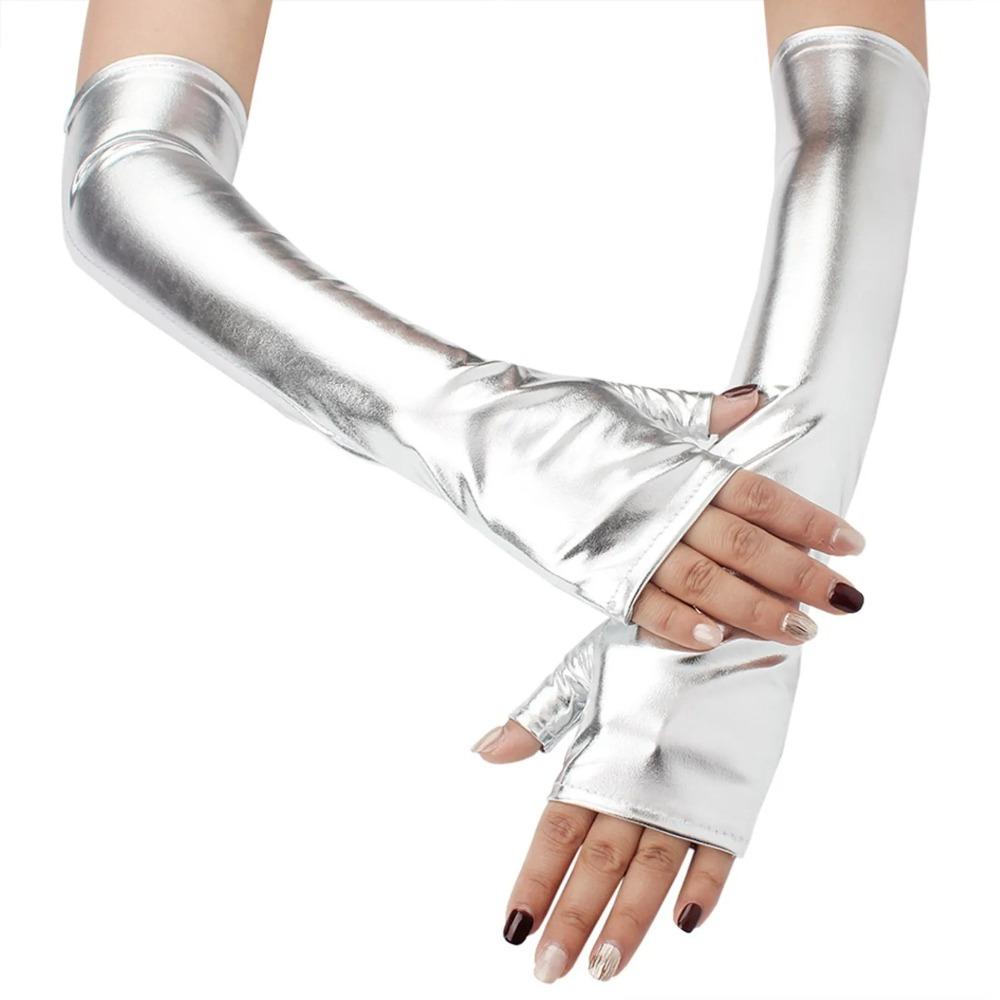 Fake Leather Metallic Gloves Gold Silver Long Gloves Sexy Leather Gloves  Evening Party