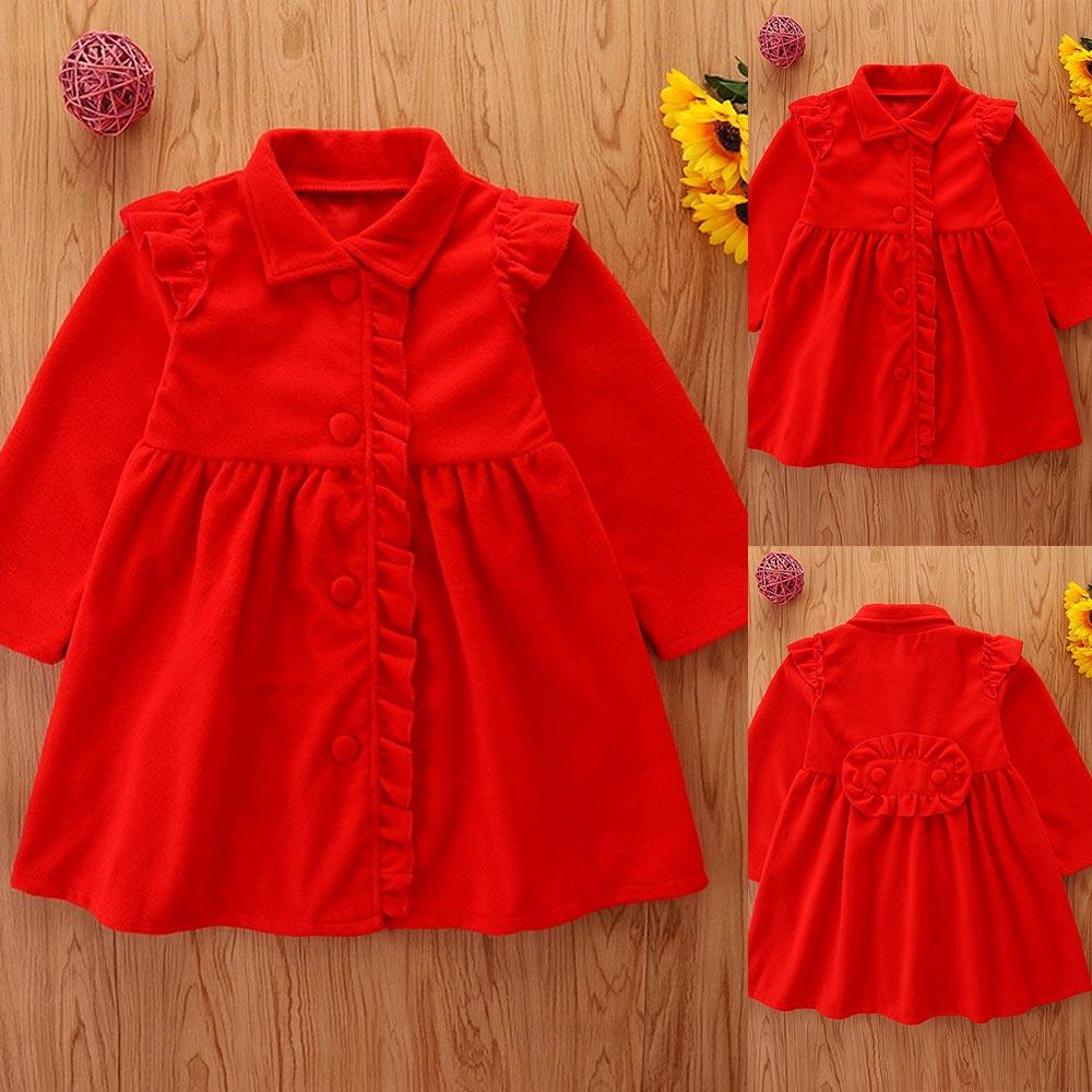 Satın alın Baby Girls Long Sleeve Red Dress Kids Button Ruffle Holiday