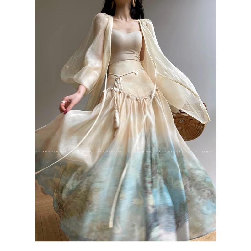 New Chinese Style Print Long Dresses for Women Summer Sleeveless Halter Loose A-line Evening Party Dress Prom Robe Vestidos