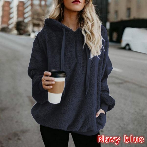 Women Sweaters Fleece Zipper Hooded Pullover Casual Solid Color Ladies Tops Long Sleeves Loose Plush Sweater
