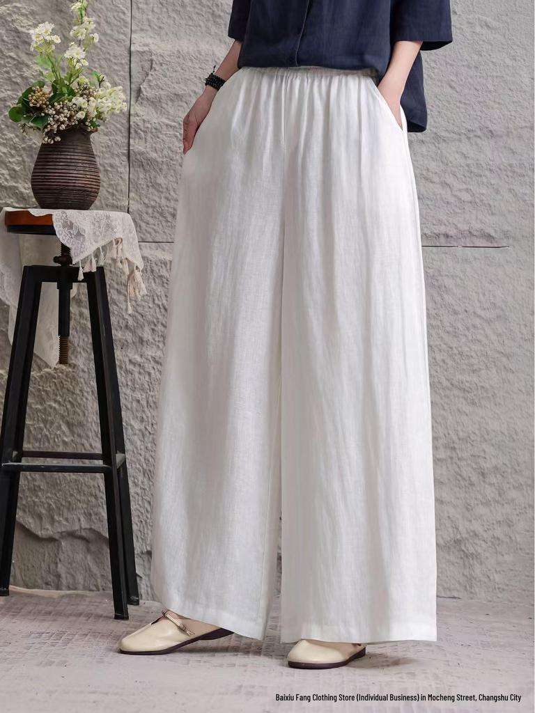 Women's 2026 Summer Linen Wide-Leg Pants: Solid Color, Loose Fit, Large Size, Casual Fashion