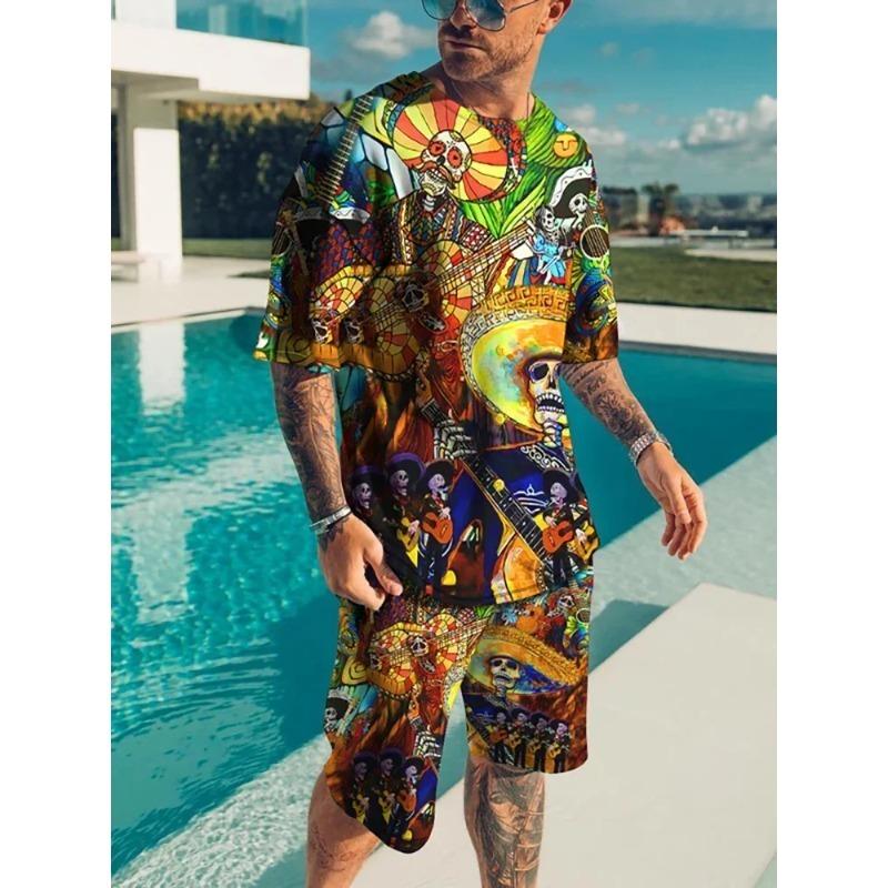 Men's Large Size Lion Pattern Print Fashion Round Neck Top T-shirt and Shorts Set