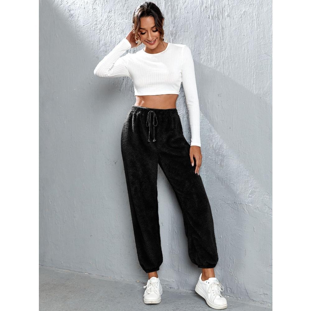 Podzimní a zimní jednobarevné módní plyšové ležérní kalhoty volného střihu, hřejivé domácí kalhoty ze sametu