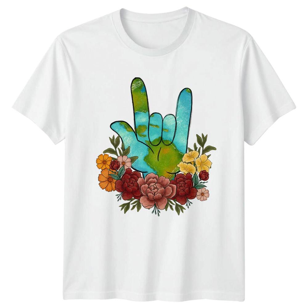 Earth Day I Love You Sign Floral TShirt Graphic Tee S