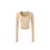 Dam Beige Ribbad Långärmad Volangkant Croptop Smal Passform Casual Blus