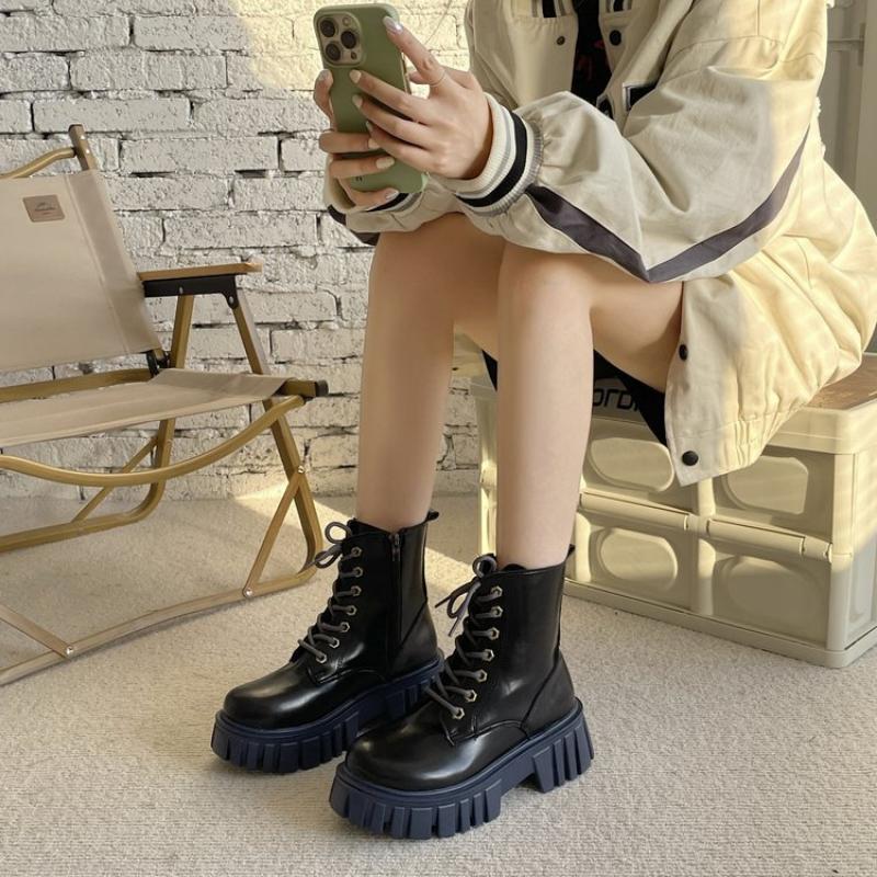 Neue Damen-Knöchel-Stiefel Einzelne High-Heel-Stiefel Runde Spitze Neu Schnürung Trendige Dicke Sohle Dünne Stiefel Kleine Kurze Stiefel Plateau-Schuhe