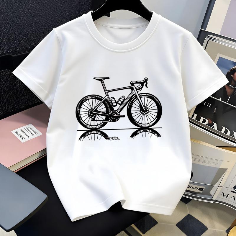 Children Crew Neck Short Sleeve T-Shirt with Sketch Art Bicycle Print 110