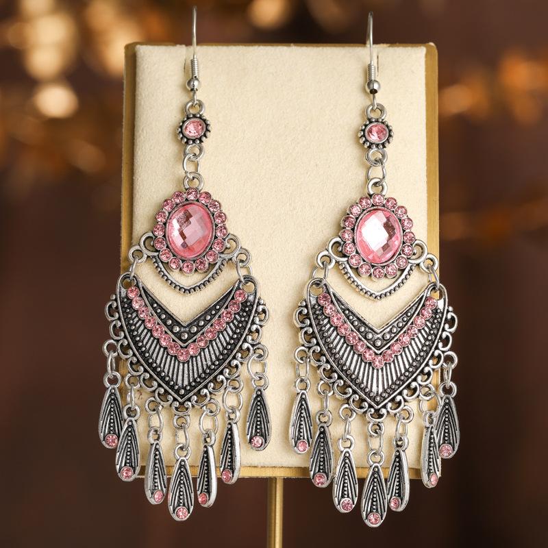 Orecchini Lunghi con Nappe in Cristallo Viola Stile Palazzo Vintage per Donna Eleganti Etnici Metallo Argento Orecchini Pendenti Gioielli