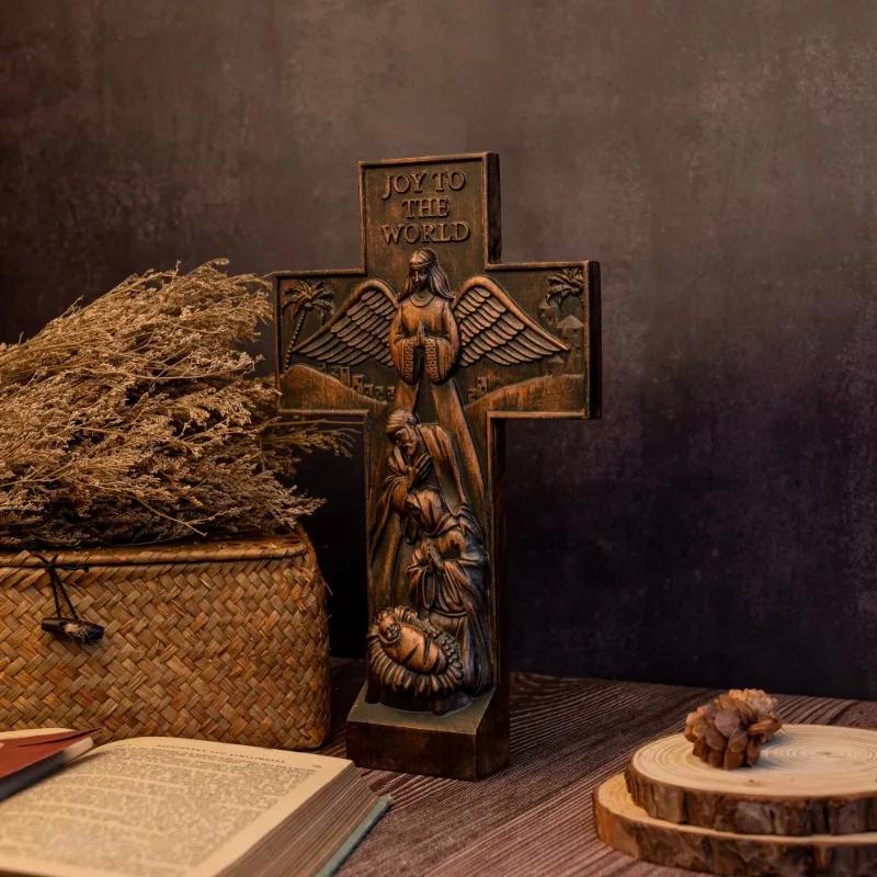 Home Decoration Wooden Nativity Scene, Cross Tabletop Ornament, Christian Sculpture, Nativity Figurine, Religious Christmas Gift