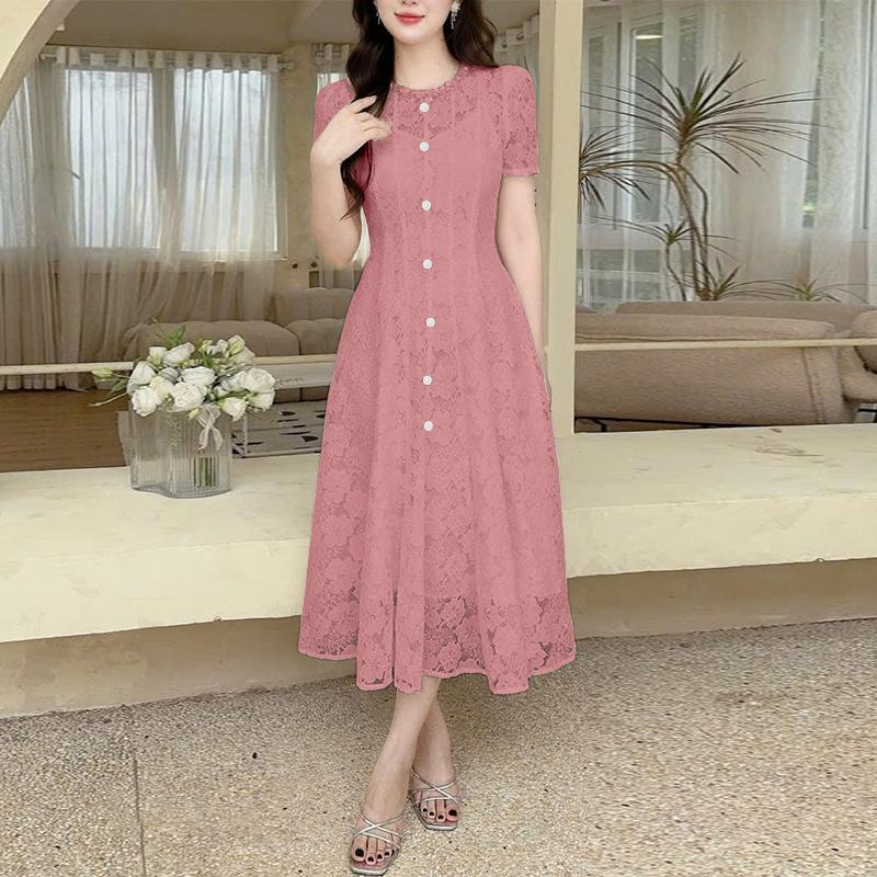 ZANZEA Rochie de vară casual pentru femei, cu gât rotund, patchwork din dantelă, cu mânecă scurtă