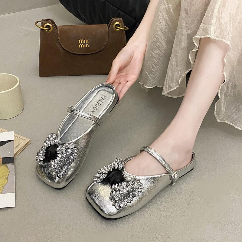 Rhinestone one-word buckle with bow half-drag single shoes women's 2025 summer new versatile square head comfortable soft bottom bag head