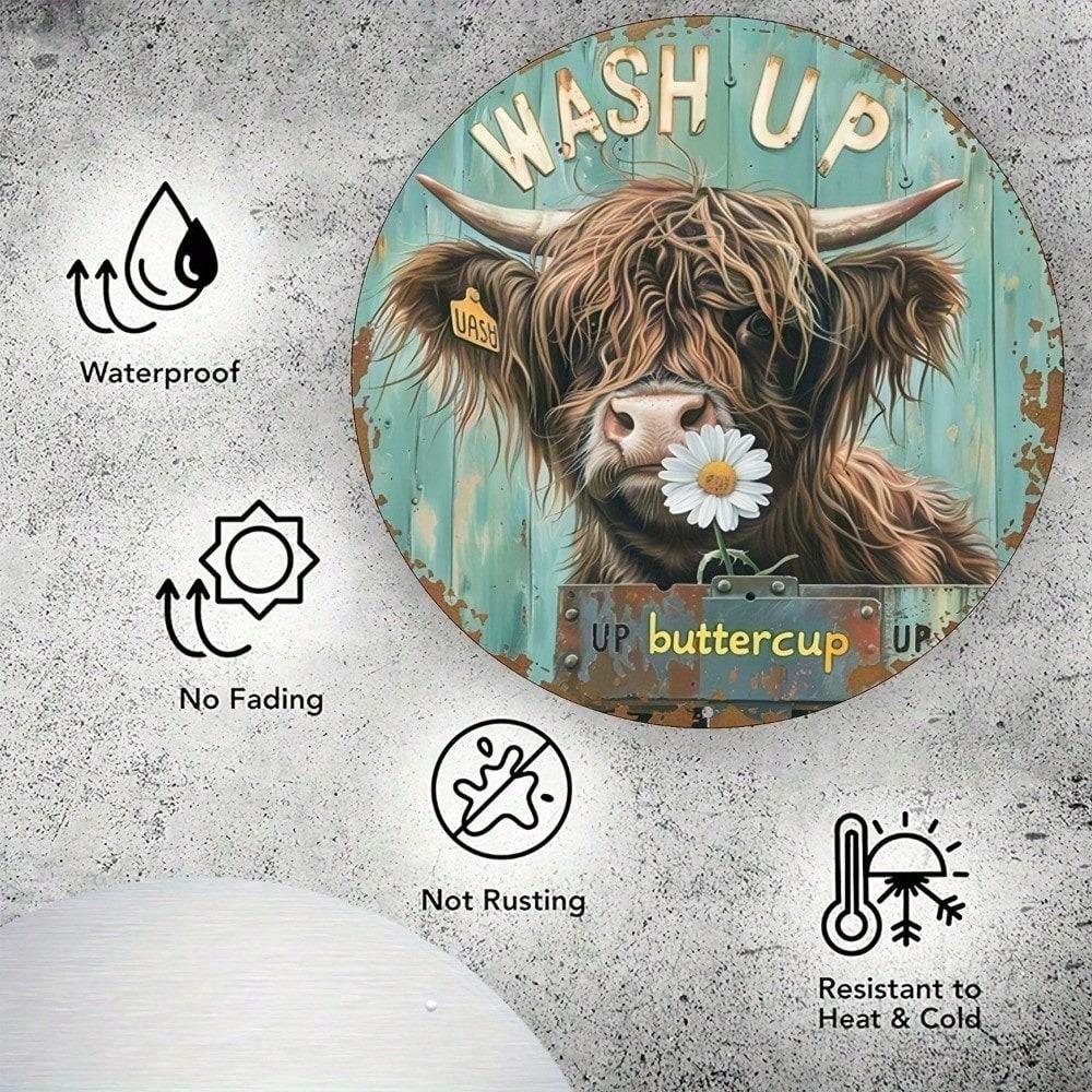 Rustic Highland Cow Metal Wall Art 20 cm Farmhouse Aluminum Sign for Bathroom Kitchen Home Decor
