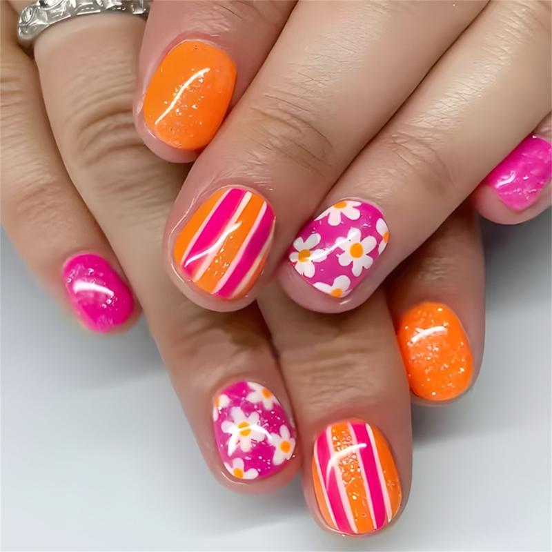 24pcs Short Square Acrylic Press On Nail With Flower Pattern For Women Full Coverage Glossy Finish False Nail