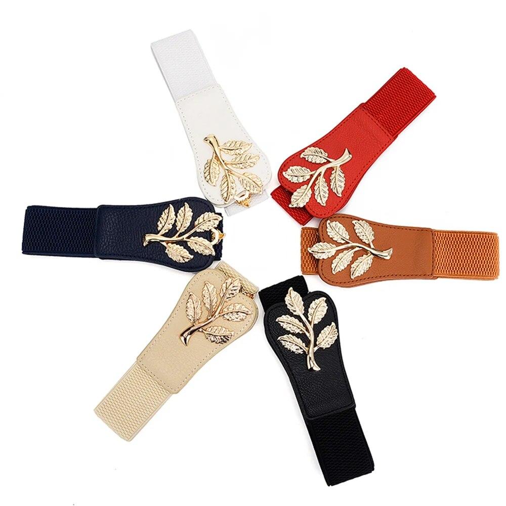Women Belt Fashion Waist Cover Golden Leaf Elastic Waist Closure With Double Hook Buckle Wide Belts Paired With Skirt Lady Belt