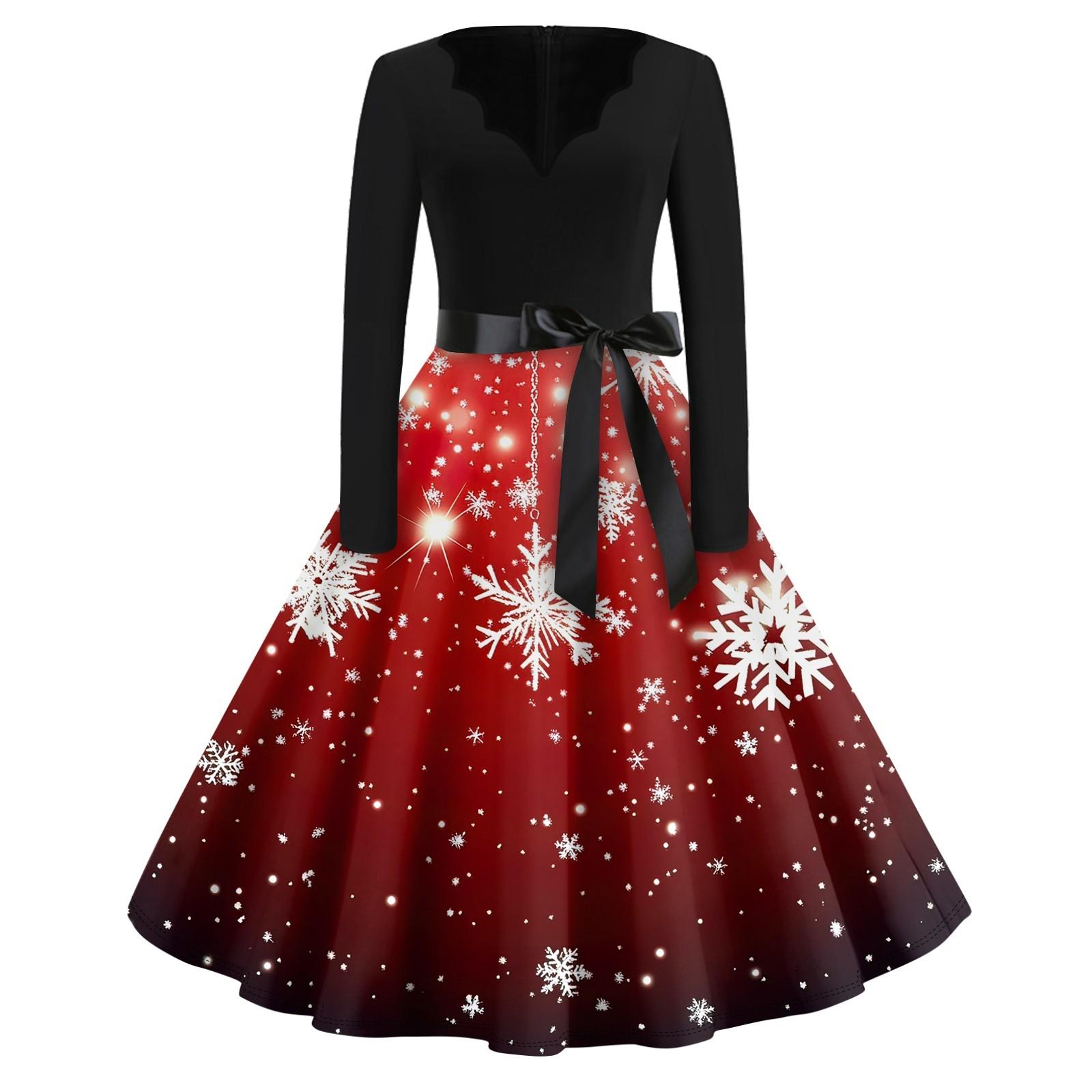 

Сукня-кльош із різдвяним принтом для жінок. Повсякденні сукні з довгими рукавами M винний