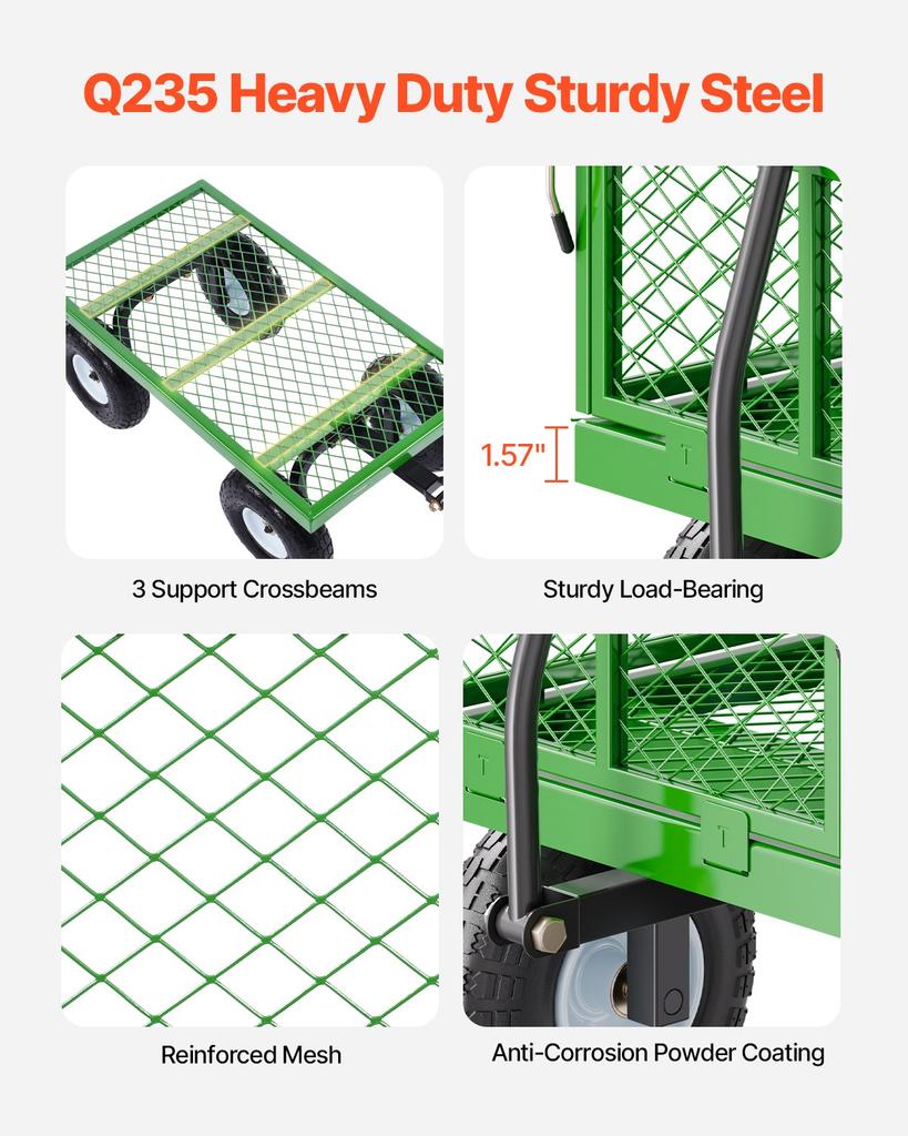 VEVOR 680 Lbs Steel Garden Cart On Wheels, Heavy Duty Garden Wagon Cart Pullable, Metal Outdoor Utility Yard Wagon Carts with 10" Tires