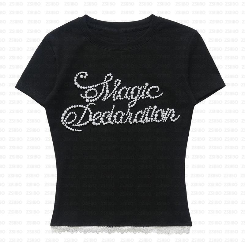 

Европейский и американский уличный стиль, женский летний облегающий ретро топ с короткими рукавами и буквенным узором на плече S