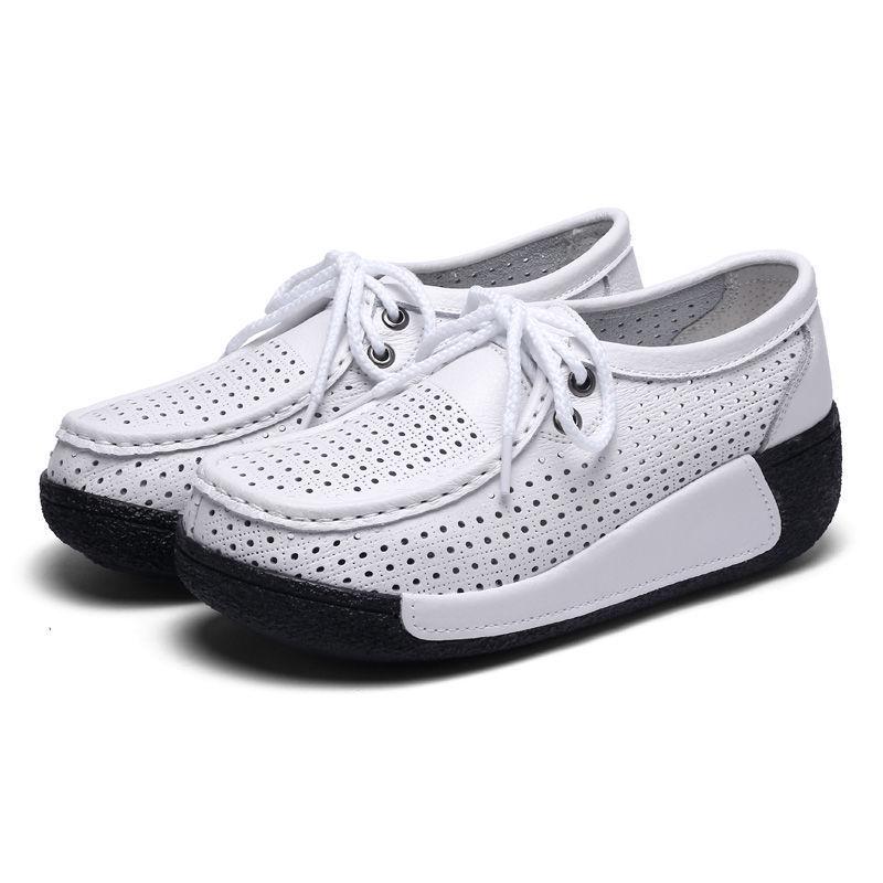 Women's White Leather Cut-Out Wedge Shoes - Thick Soft Sole, Casual Spring/Summer Platform Shoes.