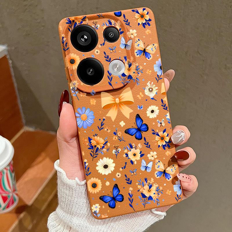 Blue Butterfly Floral Pattern Case For Xiaomi 14T 13T 11T Pro Funda Redmi Note 14 13 12 11 Pro 5G 4G Leather Texture Silicone Cover