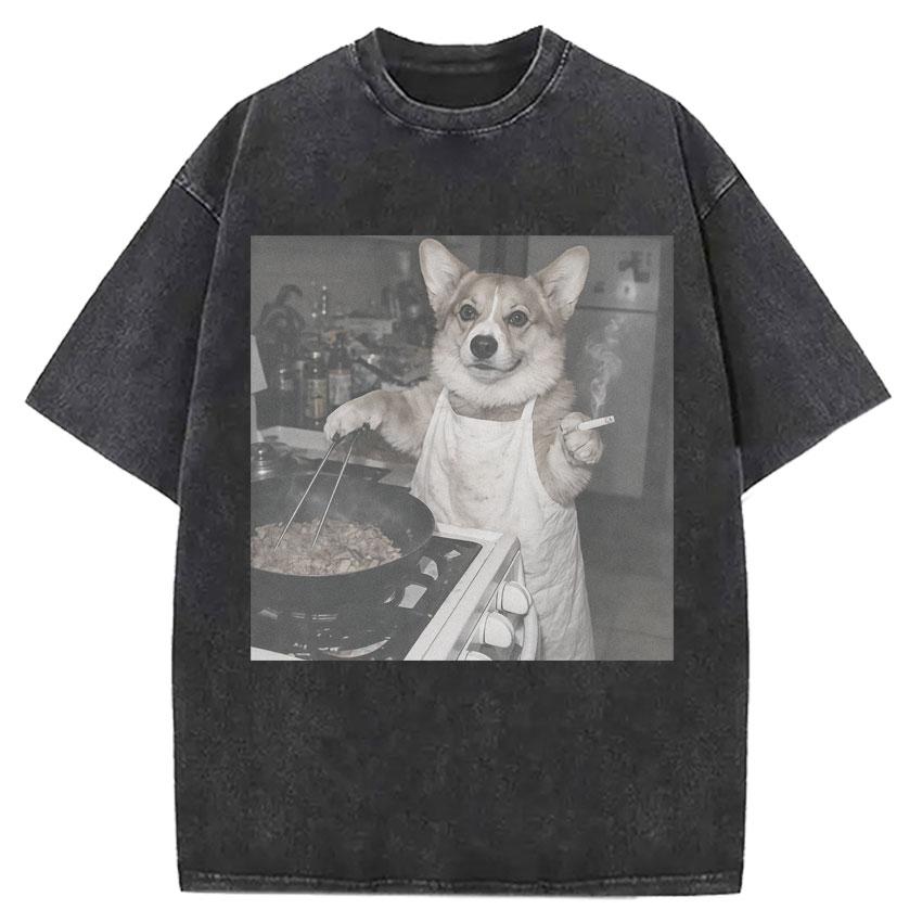 Funny Smoking Dog Cooking Tshrit Vintage Washed Tshirt S Oversized Loose Cotton Harajuku Tee Shirts Casual Streetwear Unisex