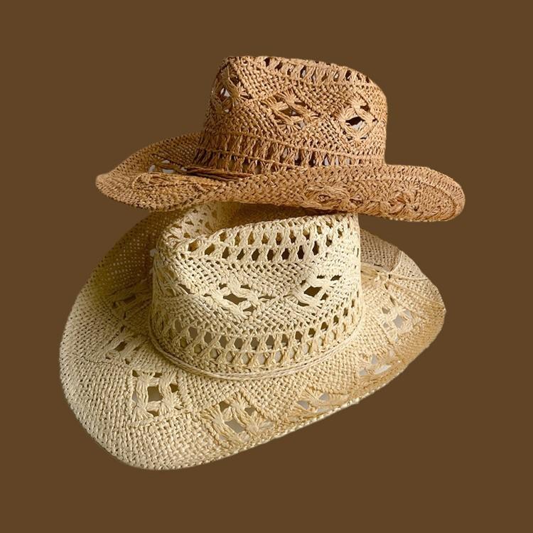 New hand-woven straw hat hollowed out spring and summer breathable men's and women's couple hats sunscreen western cowboy hat tide