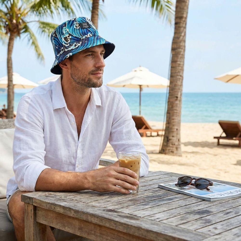 Trendy Packable Reversible Bucket Hat Sea Waves Pattern Lightweight Sun Hat Uv Protection Durable Beach Cap For Men Women