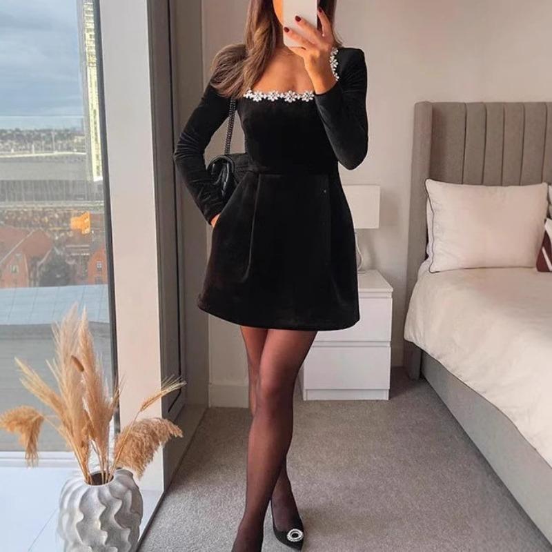 Spring women's dress temperament elegant square neck pearl lace short fashion dress