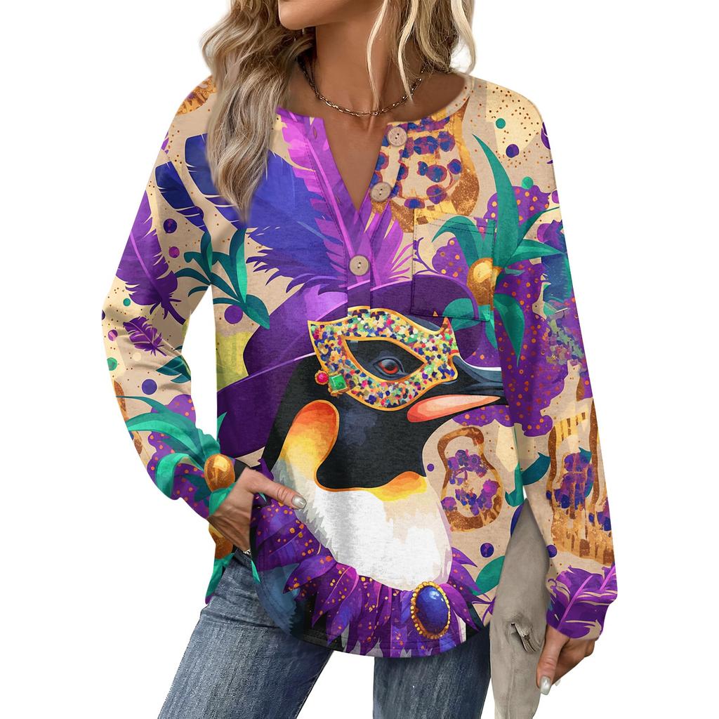 Women's Carnival Printed Fashion Long Sleeve Button Hoodie Top