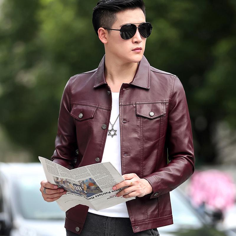 Pánská bunda z PU kůže s plus sametem - Jaro/Podzim, Slim Fit, Korejský styl, Ležérní zralý vzhled