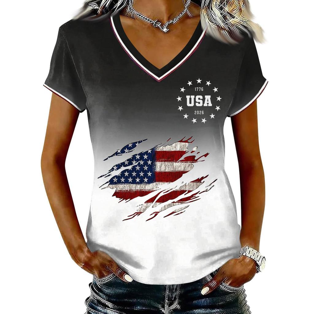 T-shirt Pull Col V Manches Courtes Décontracté pour Femme Imprimé Patriotique Dégradé Haut Jour de l'Indépendance T-shirt Graphique Drapeau USA